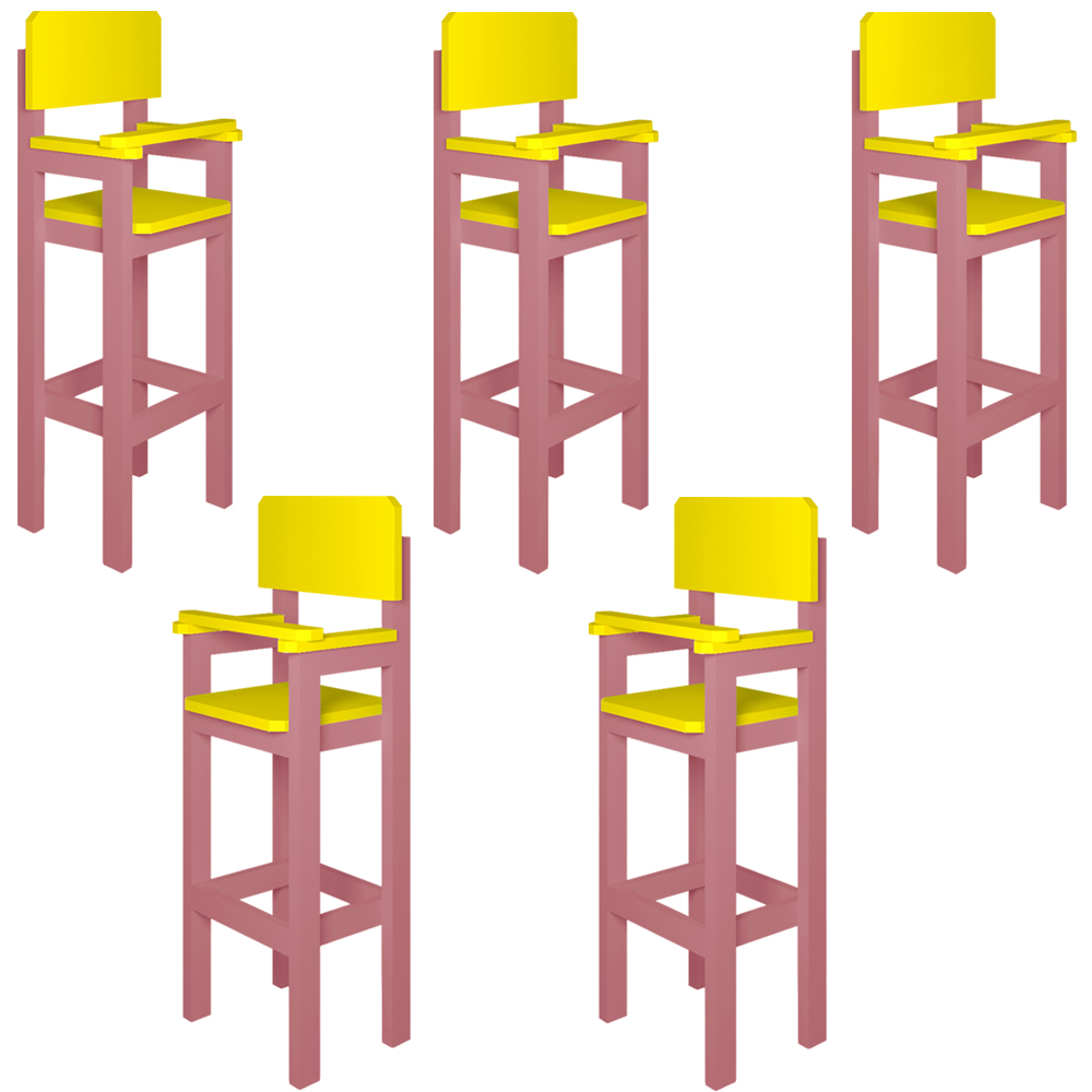 Kit 5 Cadeiras Alta Refeição Infantil Criança Restaurante Lanchonete MDF Rosa/Amarelo L12
