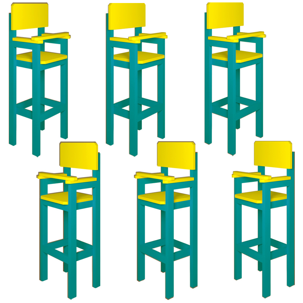 Kit 6 Cadeiras Alta Refeição Infantil Criança Restaurante Lanchonete MDF Azul Turquesa/Amarelo L12