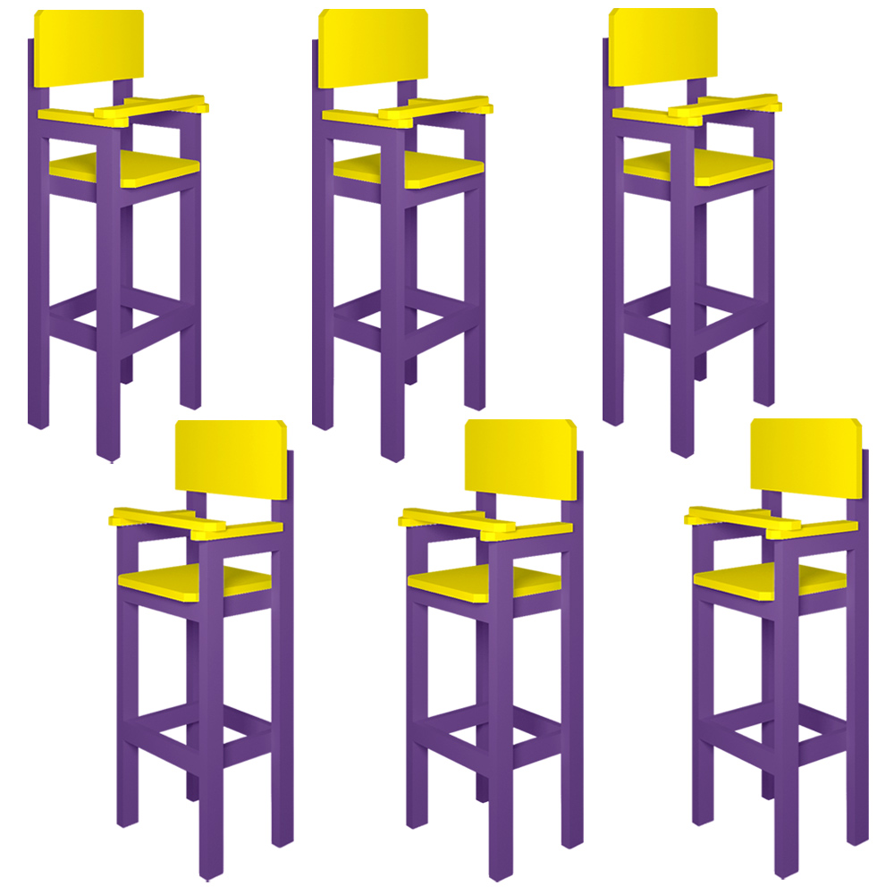 Kit 6 Cadeiras Alta Refeição Infantil Criança Restaurante Lanchonete MDF Lilás/Amarelo L12