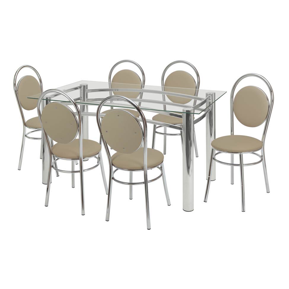 Conjunto de Mesa com 6 Cadeiras Ana Paula Bege e Cromado