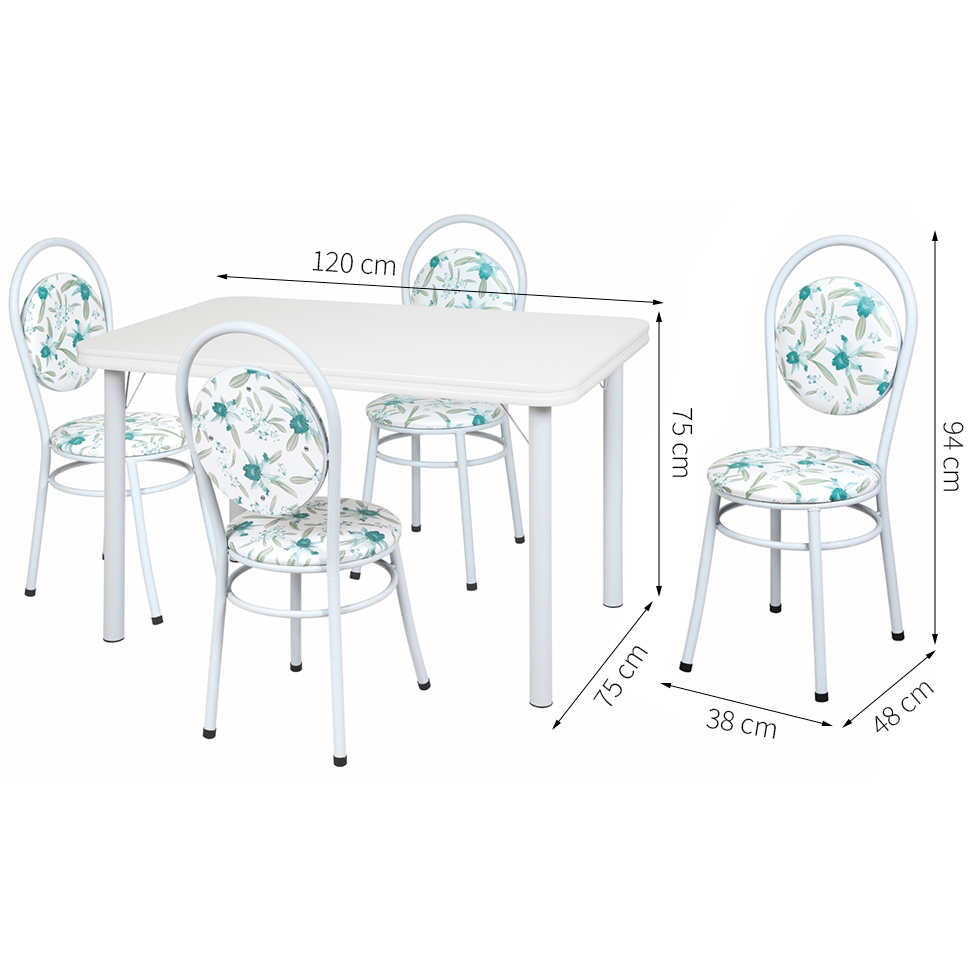 Conjunto de Mesa de Jantar com 4 Cadeiras Marta Branco e Floral