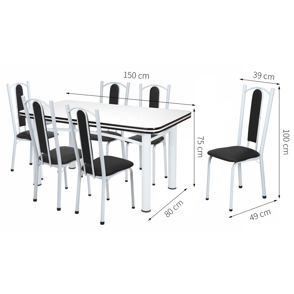 Conjunto de Mesa de Jantar com 6 Cadeiras Marina Branco e Preto
