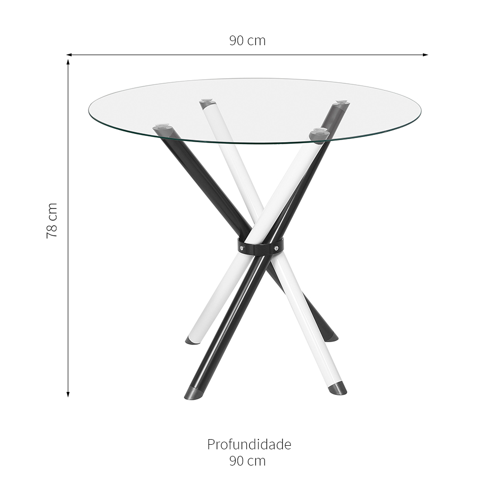 Mesa de Jantar Redonda com Tampo de Vidro Lorena Branca e Preta 90 cm