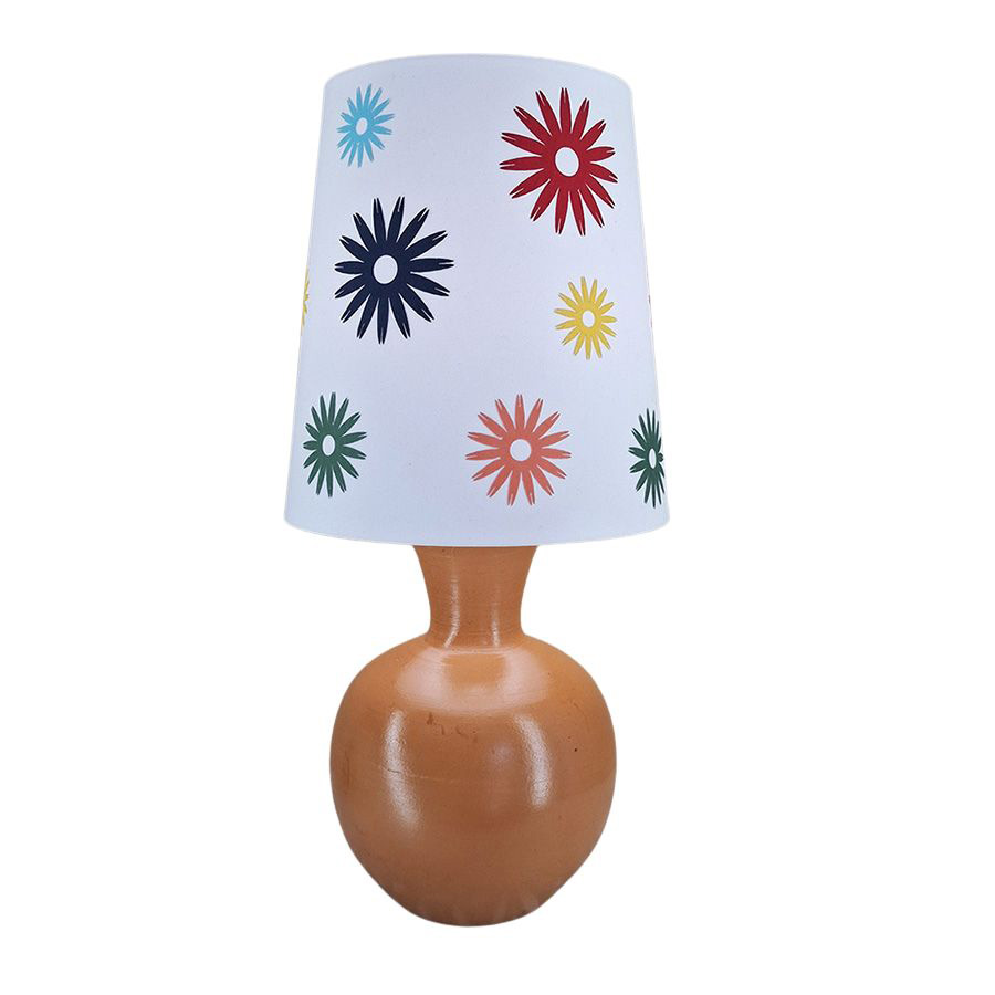 Abajur Base Cerâmica E Cúpula Flores Apliques Coloridos Bivolt