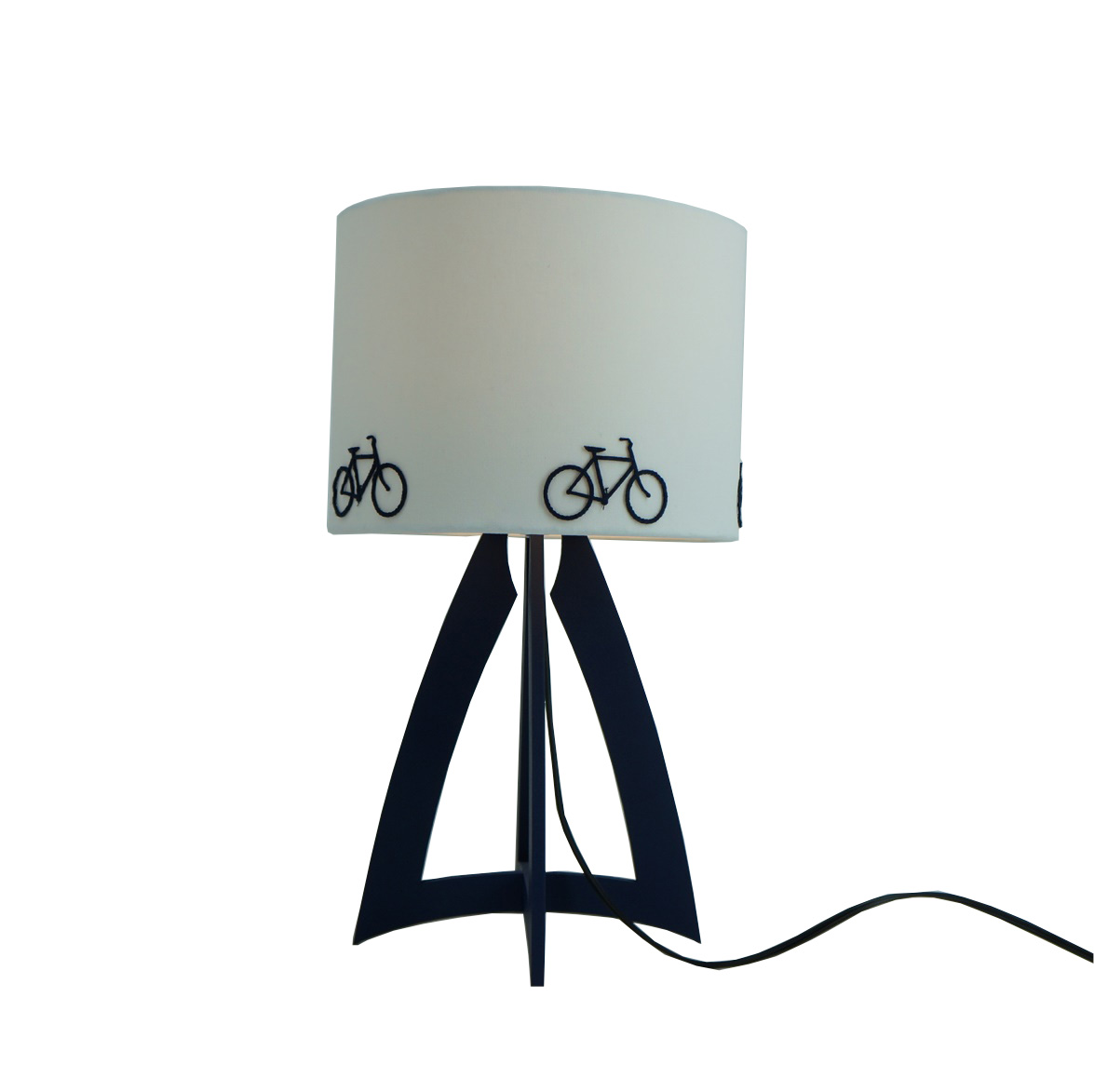 Abajur Base Madeira e Cúpula Bicicletas Branco e Azul Marinho