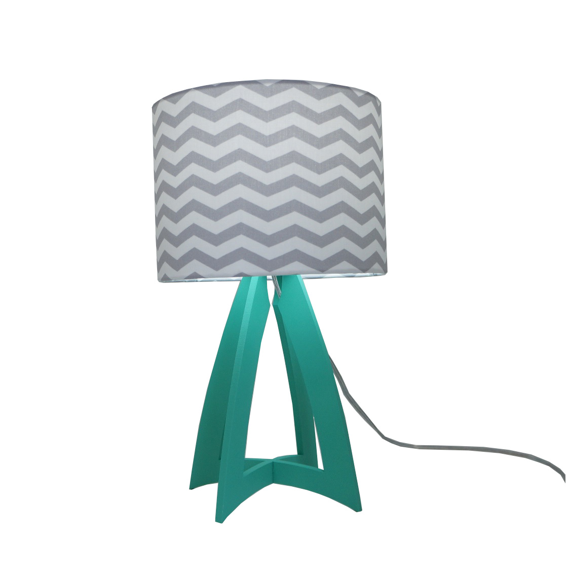 Abajur Chevron Cinza E Branco Com Base Verde Menta