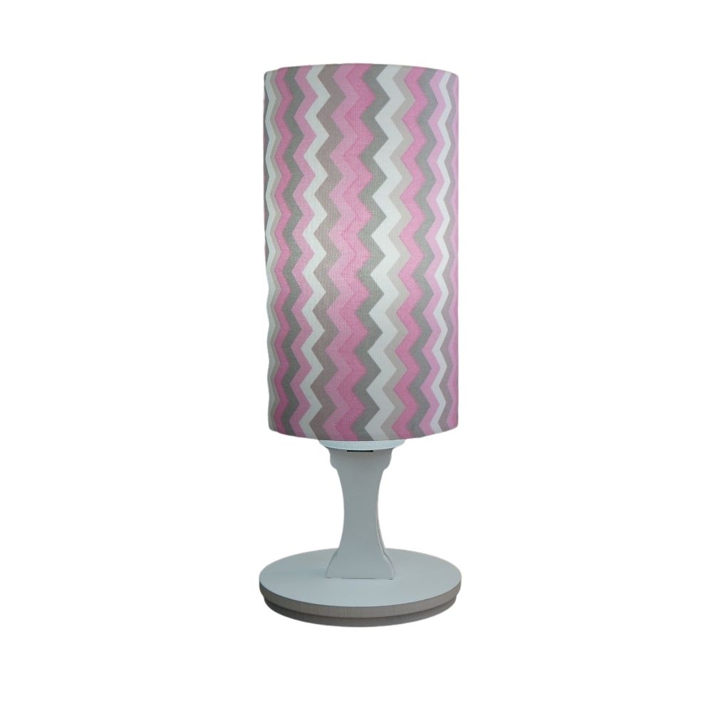 Abajur Cilíndrico Base Branca e Cúpula Chevron Rosa, Cinza e Branca Bivolt