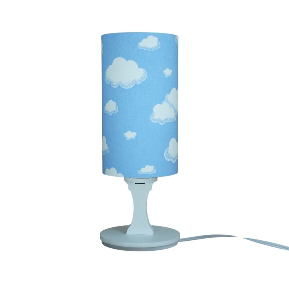 Abajur Cilíndrico Base Branca e Cúpula Tecido Nuvens Azul e Branca Bivolt