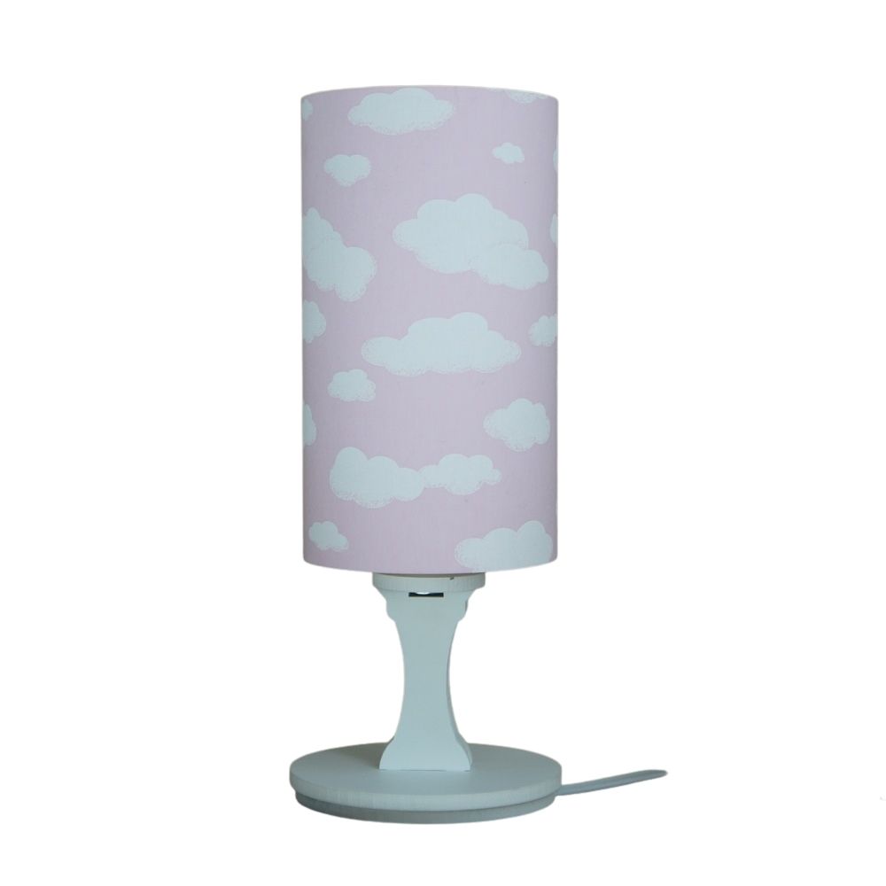 Abajur Cilíndrico Base Branca e Cúpula Tecido Nuvens Rosa e Branca Bivolt