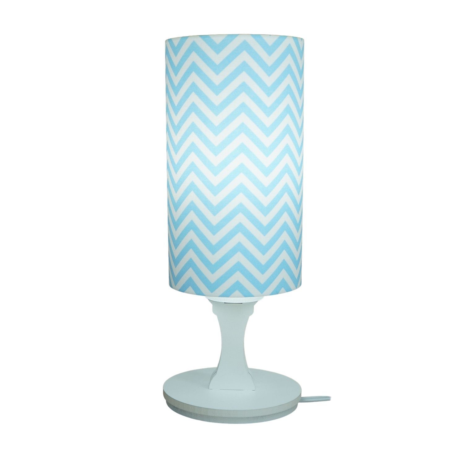 Abajur Tripé Madeira Branca e Cúpula Chevron Azul e Branco 32 cm x 15 cm