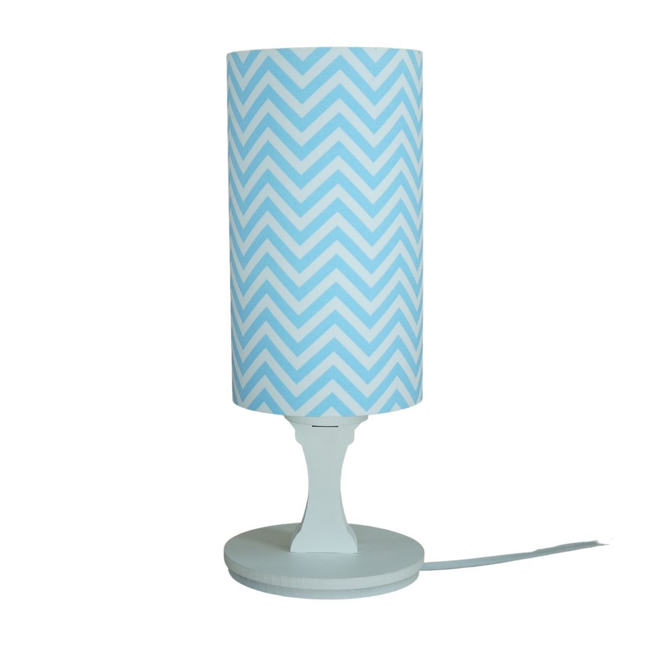 Abajur Tripé Madeira Branca e Cúpula Chevron Azul e Branco 32 cm x 15 cm