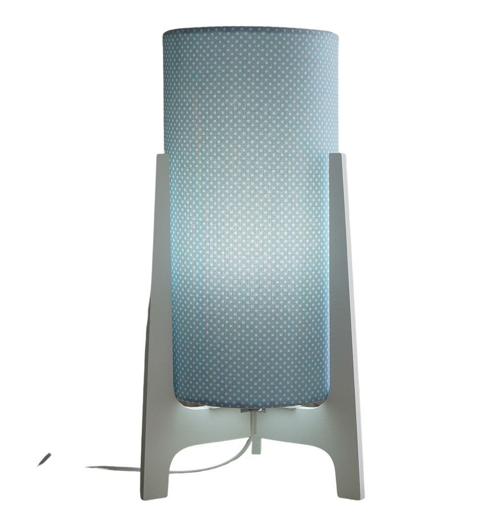 Abajur Tripé Madeira Branca e Cúpula Poá Azul e Branco 32 cm x 15 cm