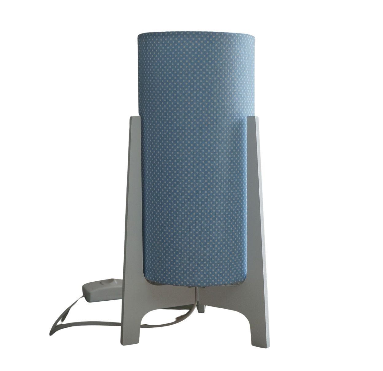 Abajur Tripé Madeira Branca e Cúpula Poá Azul e Branco 32 cm x 15 cm