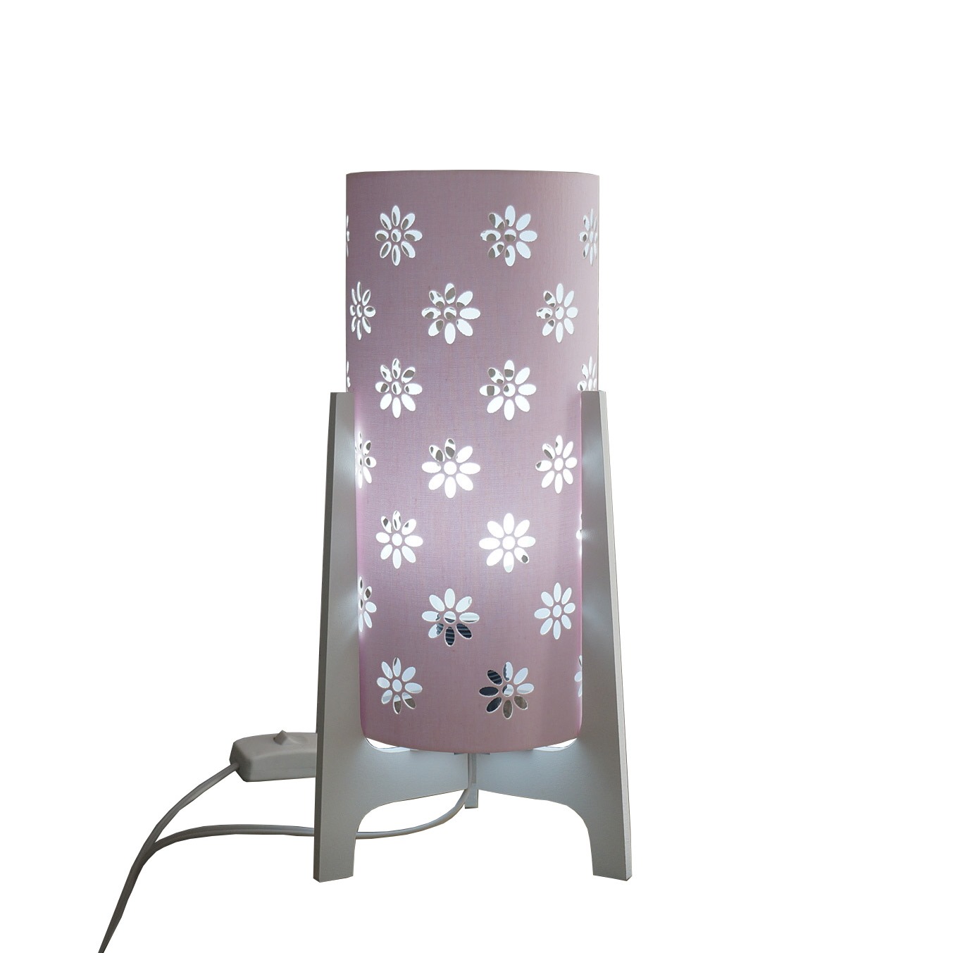 Abajur Tripé Madeira Branca e Cúpula Tecido Rosa Vazado 32 cm x 15 cm