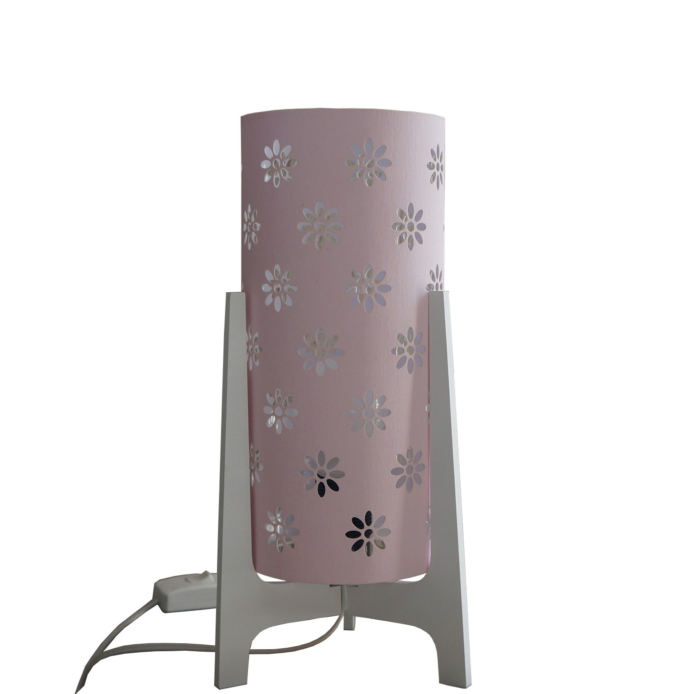 Abajur Tripé Madeira Branca e Cúpula Tecido Rosa Vazado 32 cm x 15 cm