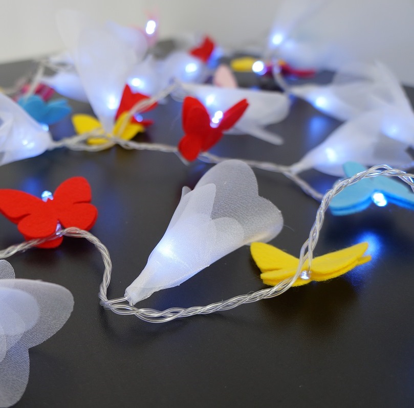 Cordão Luminoso Luz de Fada Organza e Borboletas 110v