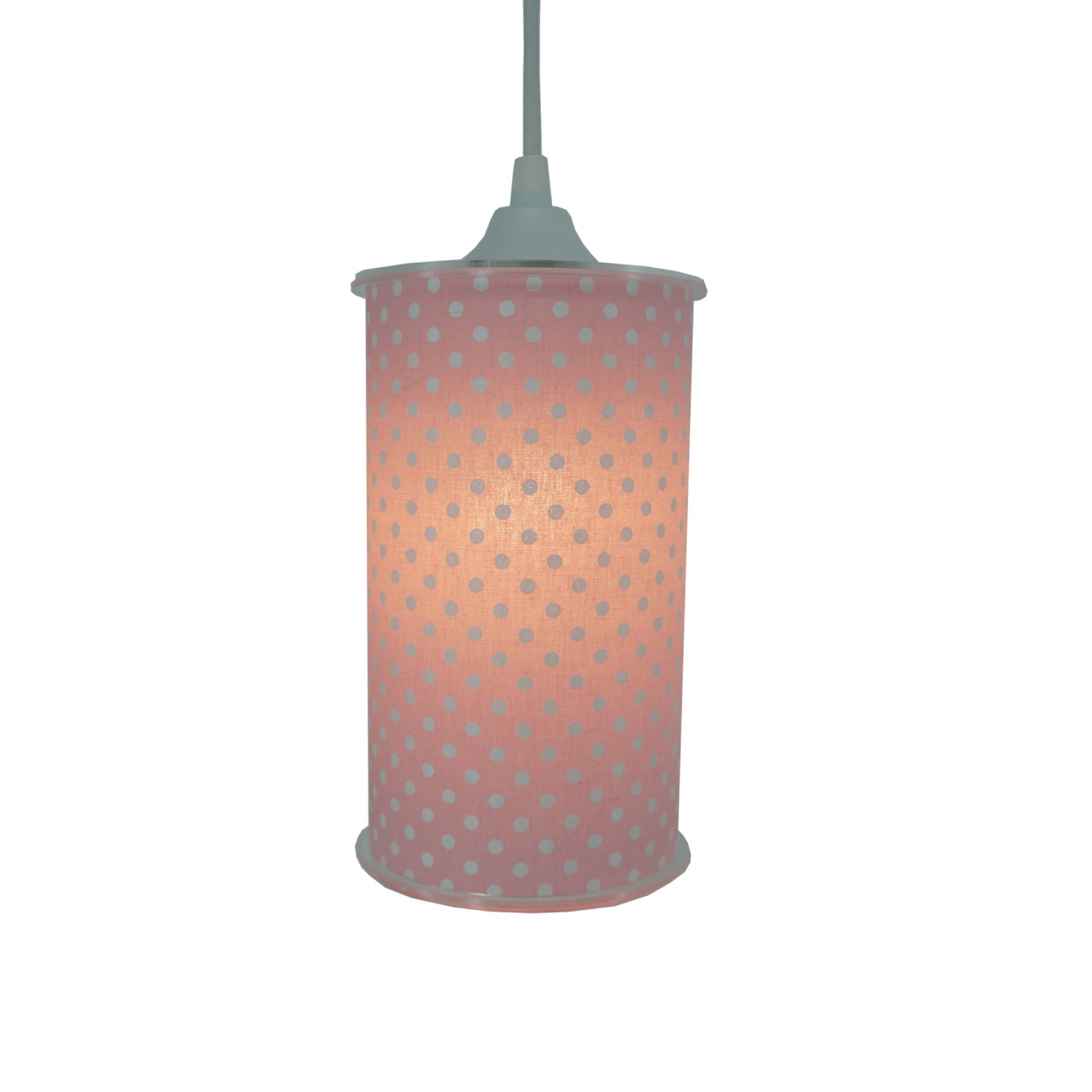 Luminária Pendente Cilíndrica Tecido Estampa Poás Rosa e Branco