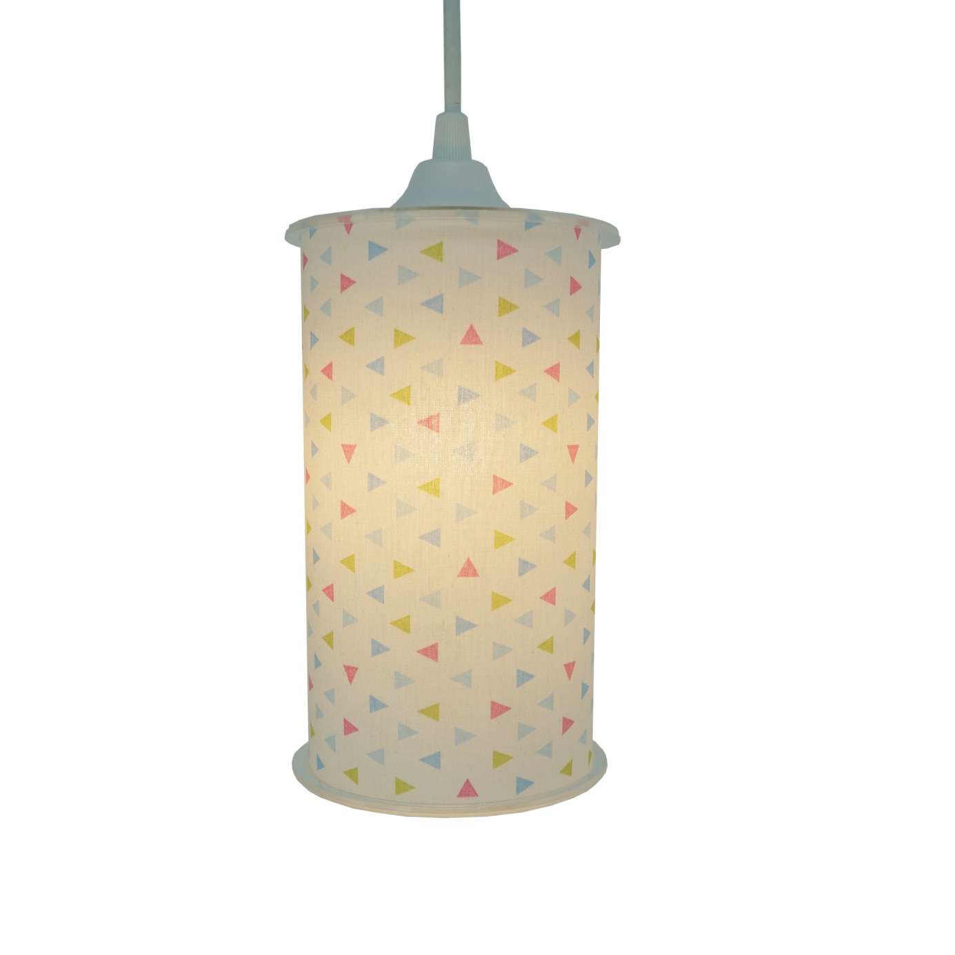 Luminária Pendente Cilíndrica Tecido Mini Triângulos Coloridos