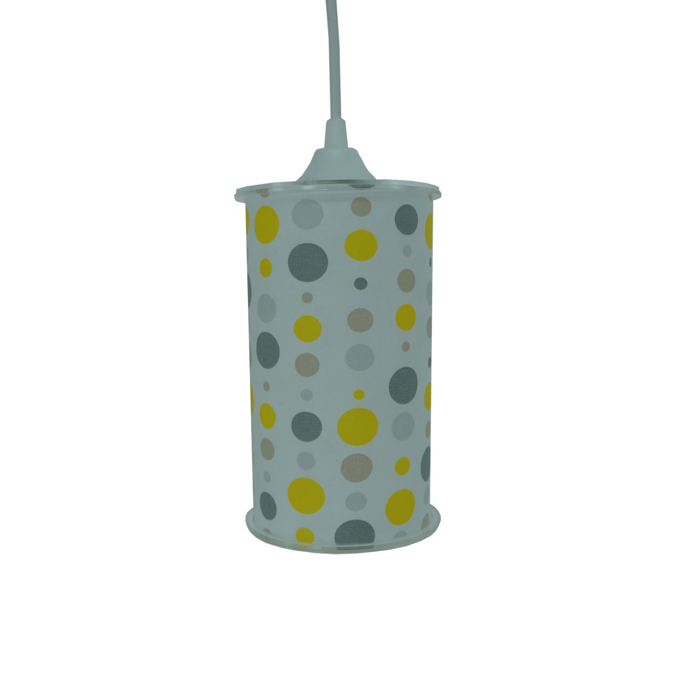 Luminária Pendente Cilíndrica Tecido Poás Branco, Cinza e Amarelo