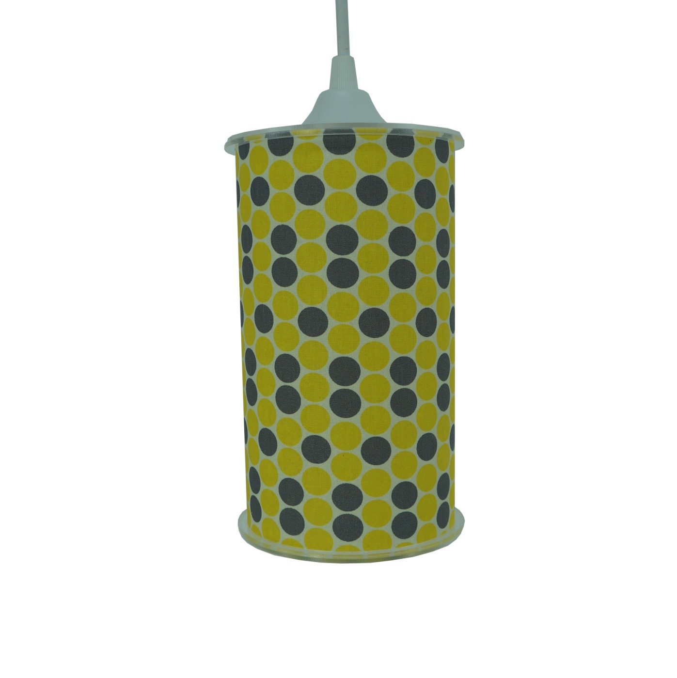 Luminária Pendente Cilíndrica Tecido Poás Cinza e Amarelo