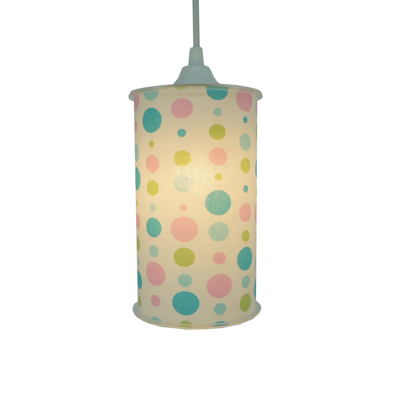 Luminária Pendente Cilíndrica Tecido Poás Verde, Rosa e Azul