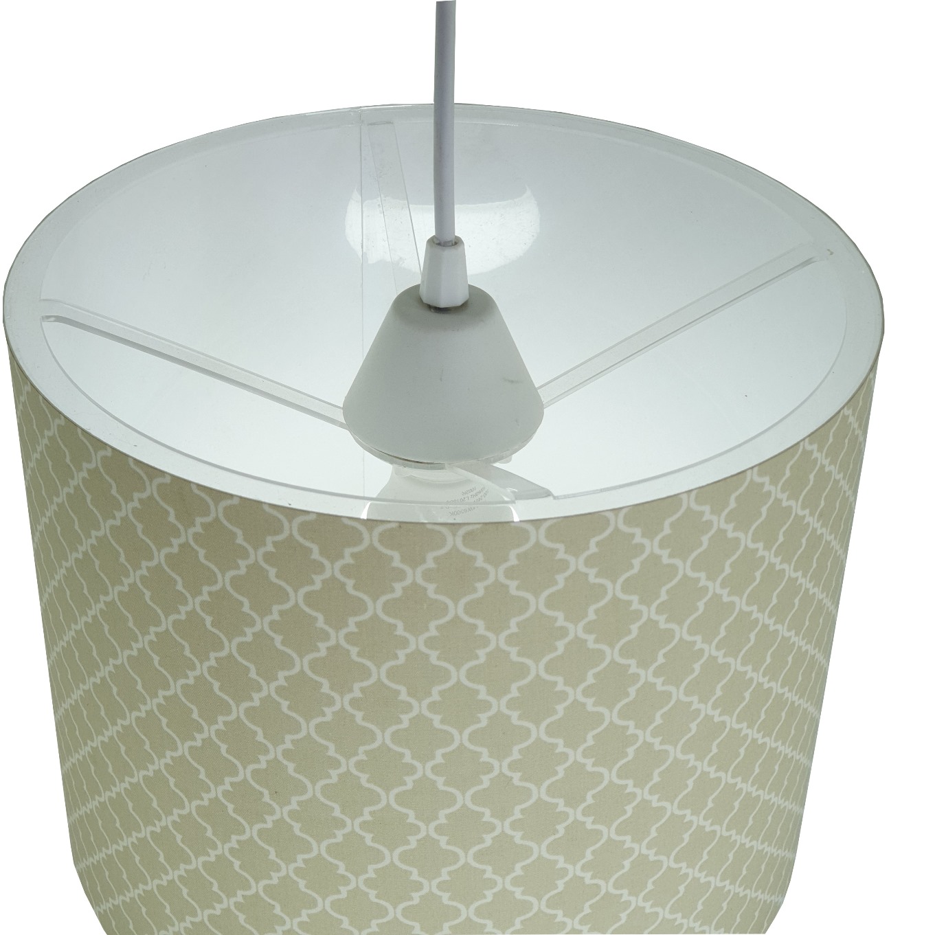 Luminária Pendente Revestida Tecido Arabescos Bege e Branco