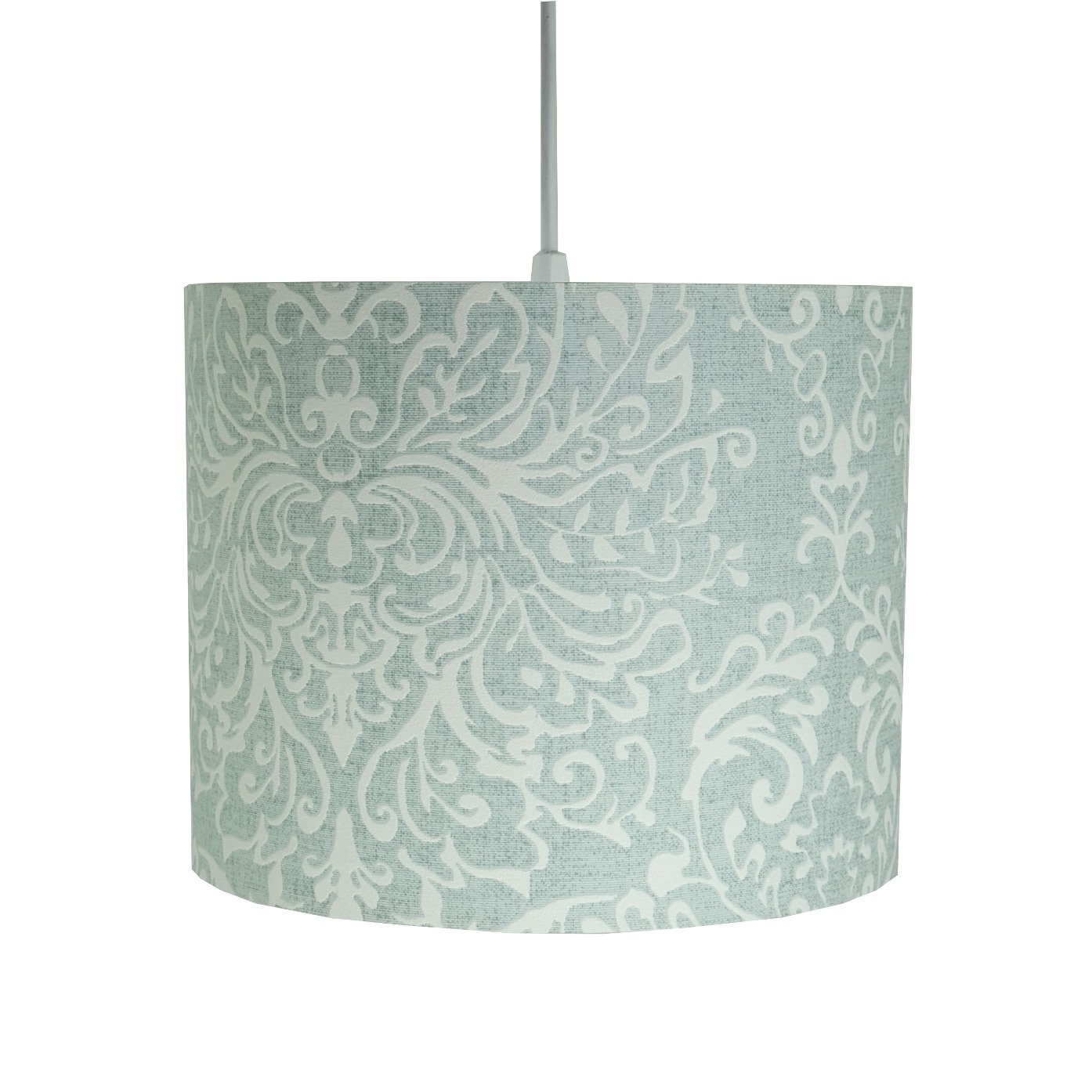 Luminária Pendente Revestida com Tecido Arabescos Azul Claro e Branco