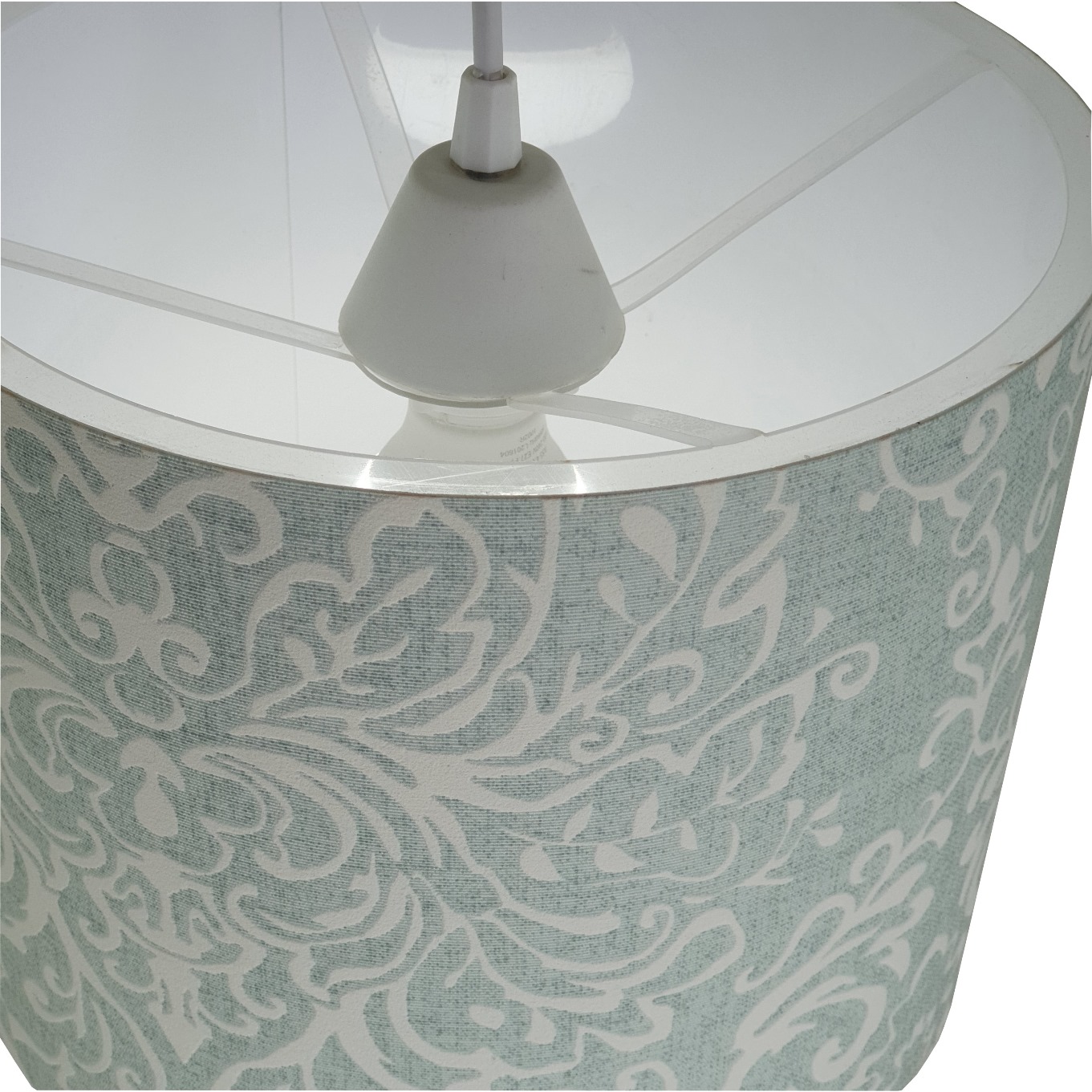 Luminária Pendente Revestida com Tecido Arabescos Azul Claro e Branco