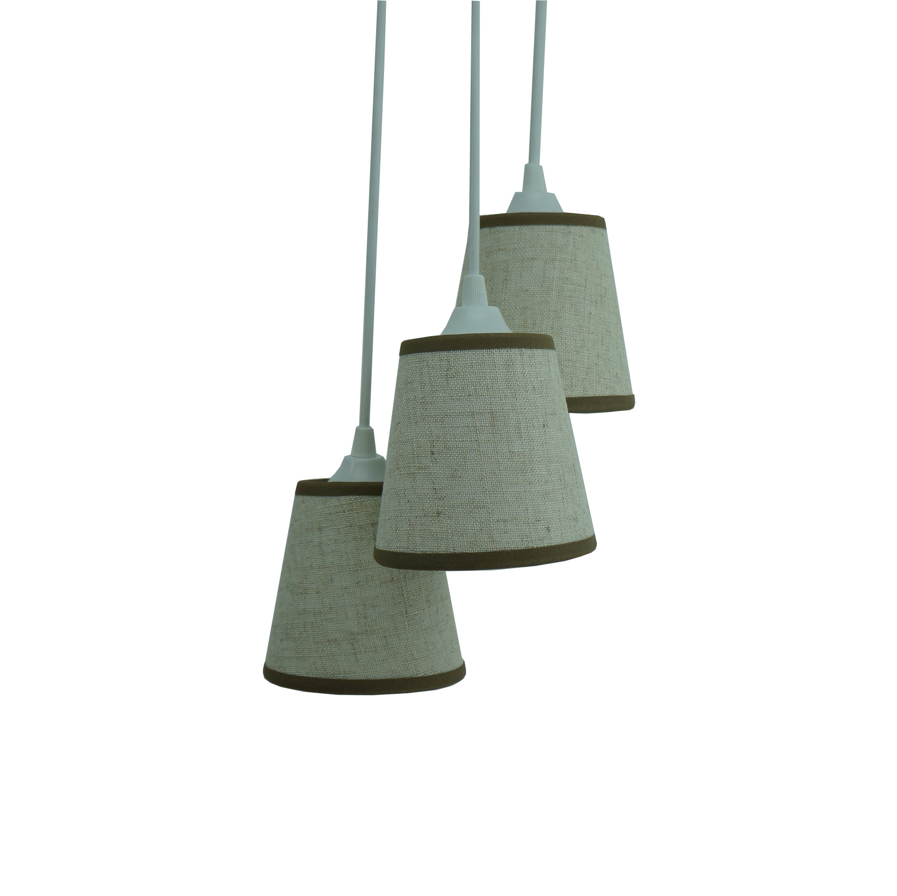 Lustre Pendente 3 Cúpulas Linho Bege e Bordas em Marrom