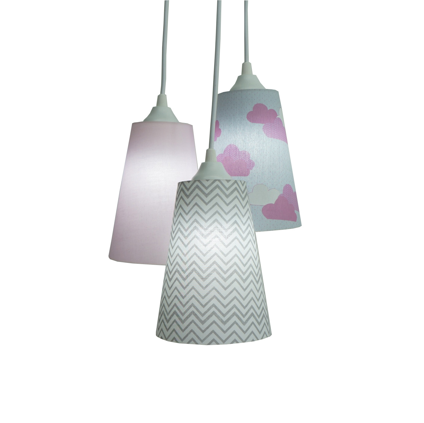 Lustre Pendente 3 Cúpulas Menina Chevron e Nuvens Rosa e Cinza