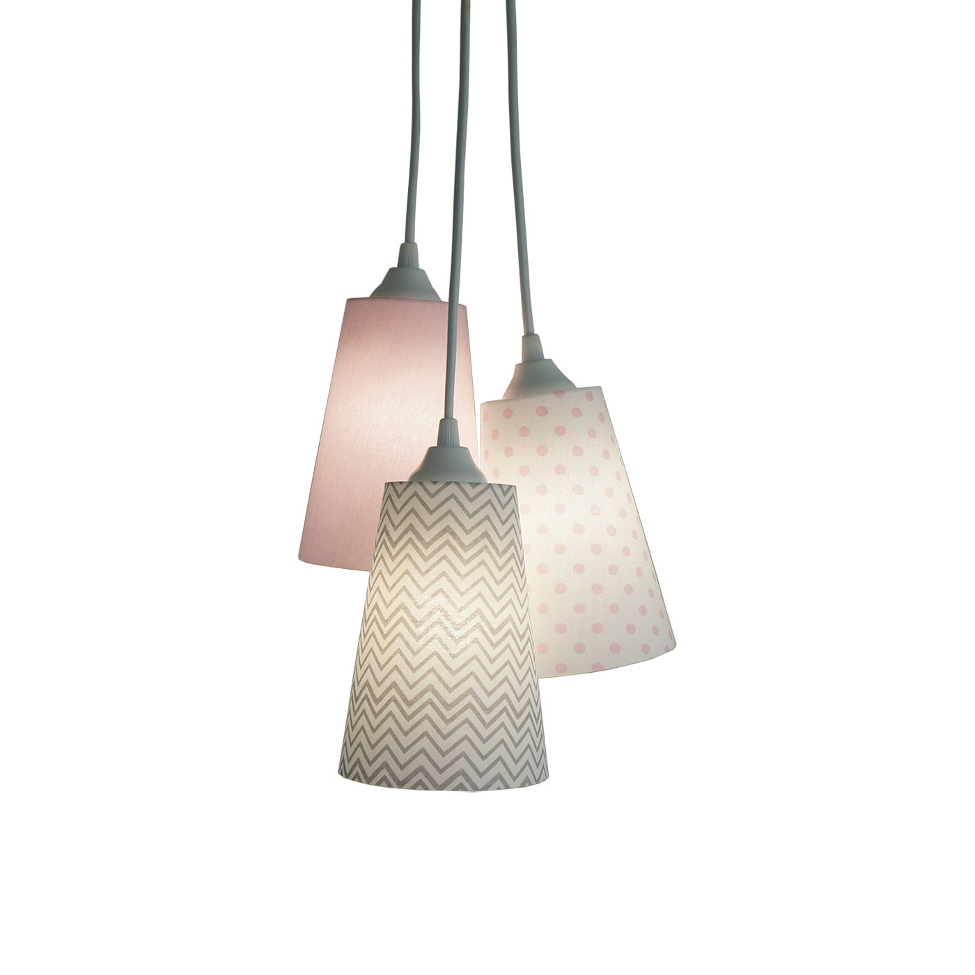 Lustre Pendente 3 Cúpulas Menina Poá e Chevron Rosa e Branco