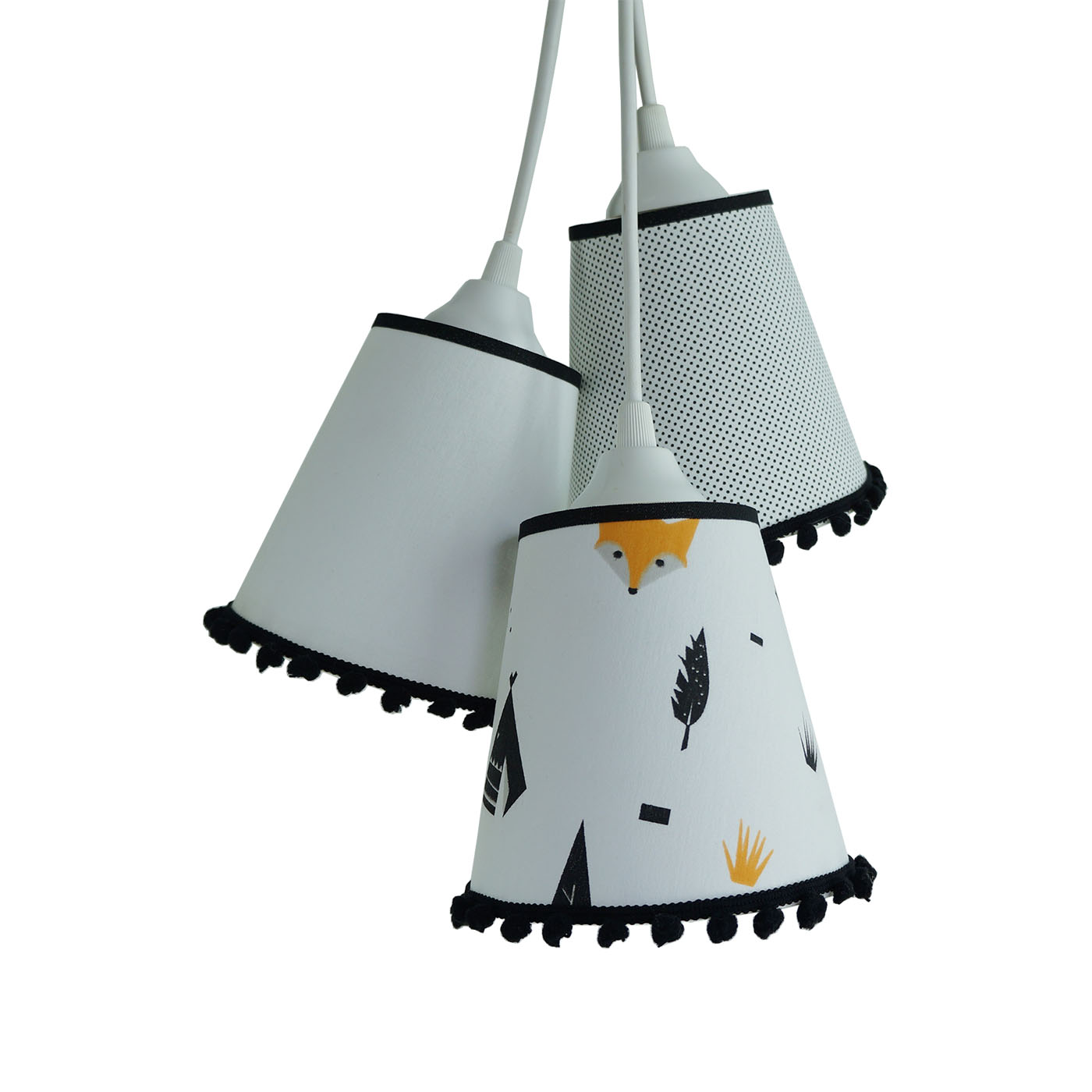 Lustre Pendente 3 Cúpulas Raposinha Pompom Branco e Preto