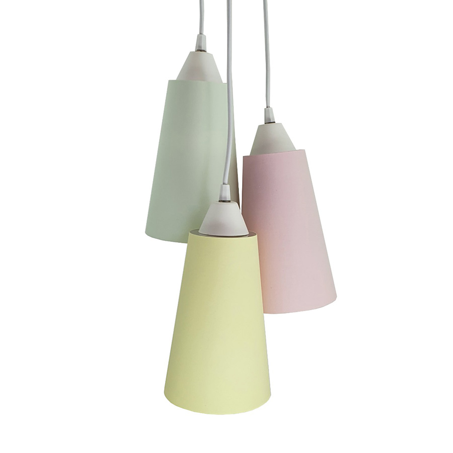 Lustre Pendente 3 Cúpulas Verde, Rosa e Amarelo Claros Bivolt