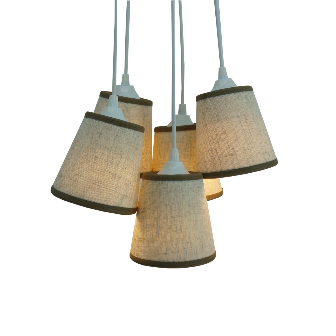 Lustre Pendente 5 Cúpulas Linho Bege e Bordas em Marrom