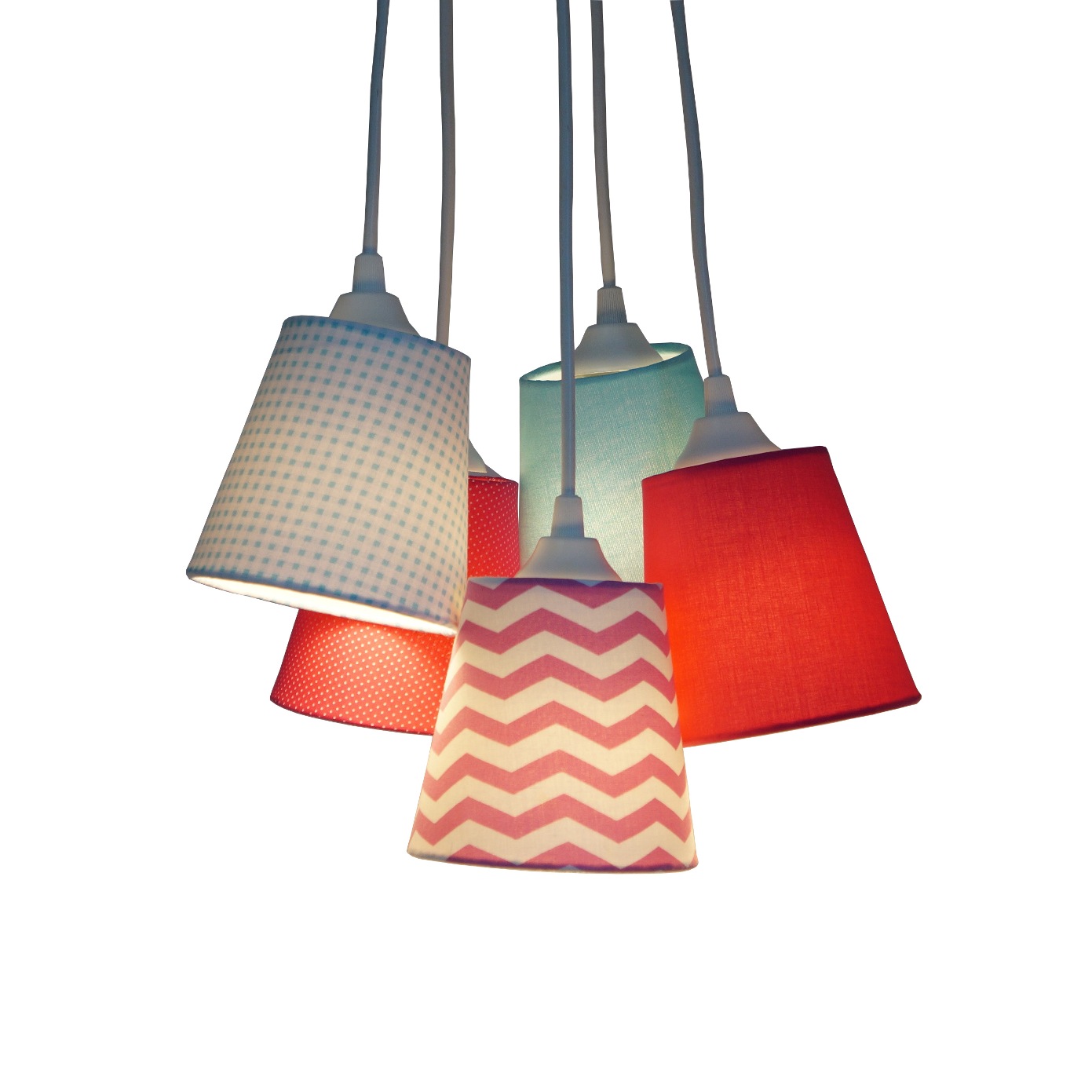 Lustre Pendente 5 Cúpulas Mix Tecidos Rosa e Azul
