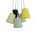 Lustre Pendente 5 Cúpulas Tecidos Bebê Chevron Cinza, Azul e Amarelo