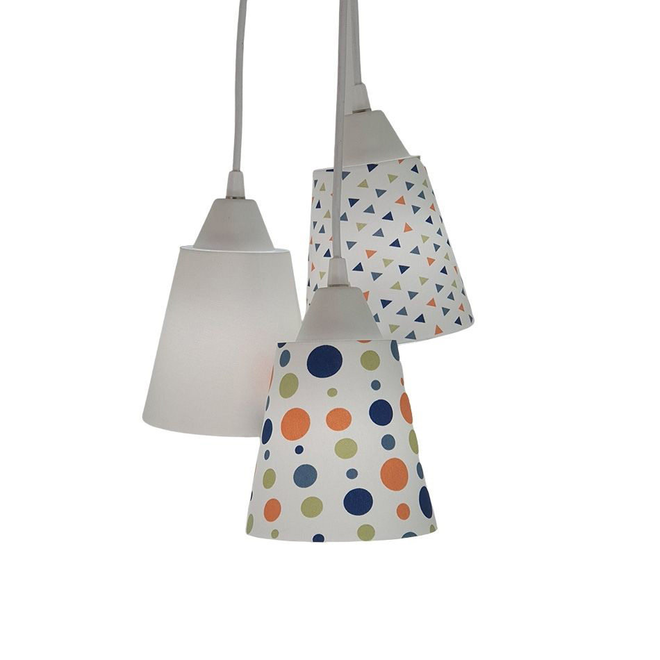 Lustre Pendente Bebê  Bege com Poás e Triângulos Tons de Laranja, Verde e Azul Marinho