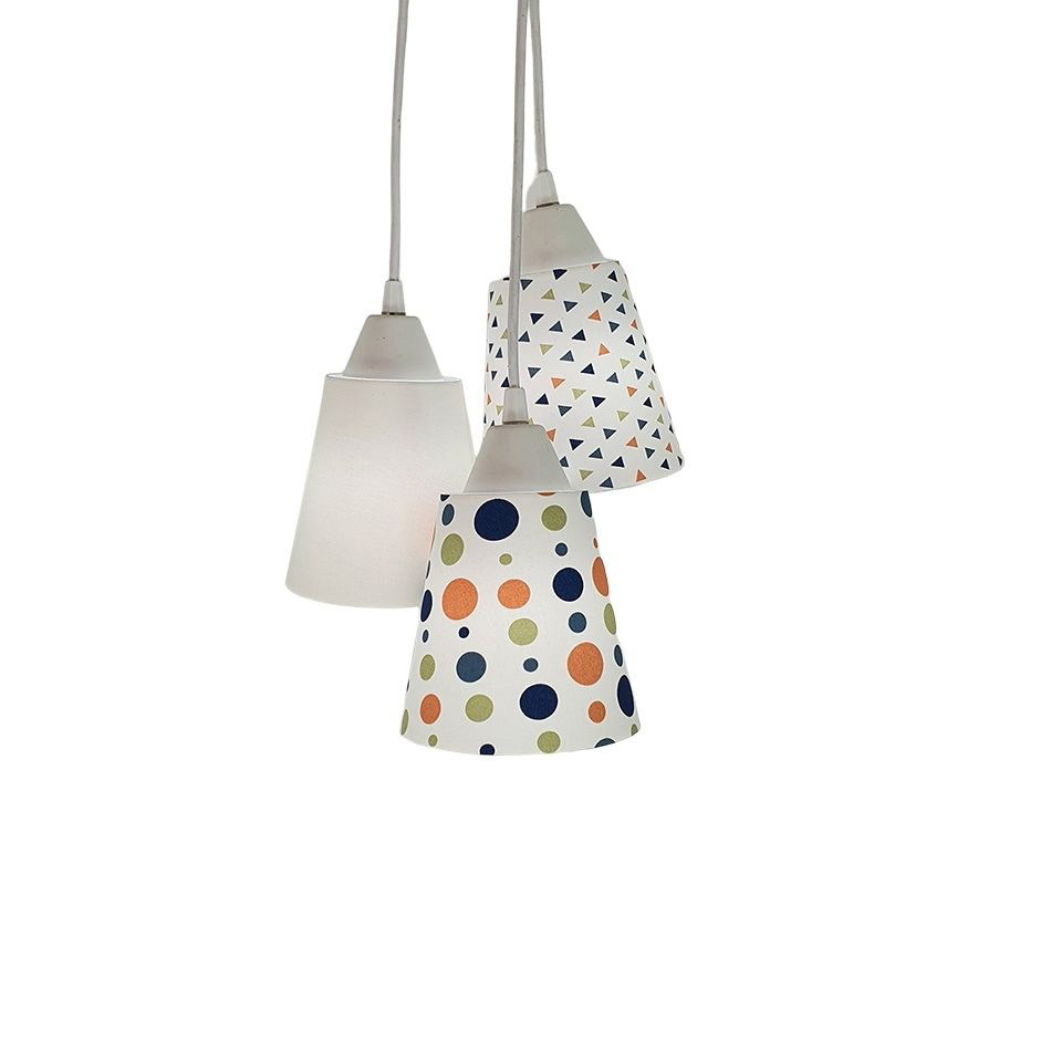 Lustre Pendente Bebê  Bege com Poás e Triângulos Tons de Laranja, Verde e Azul Marinho
