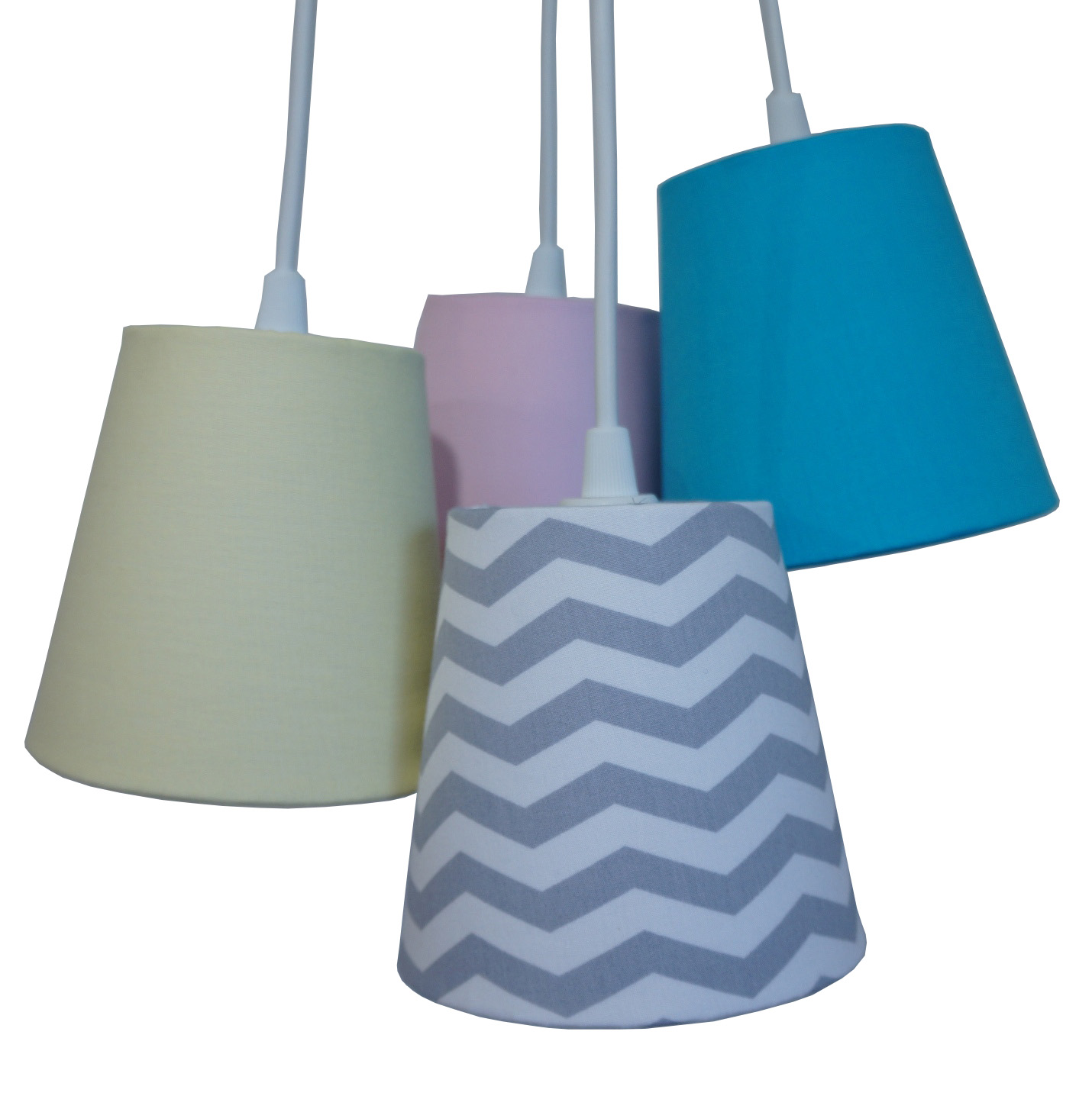 Lustre Pendente Bebê Cacho Chevron Cinza, Rosa, Azul e Amarelo