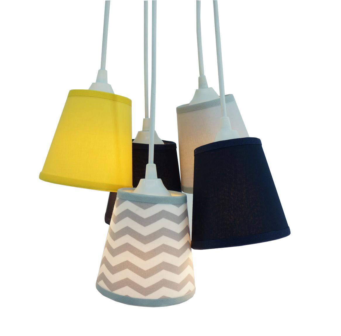 Lustre Pendente Bebê Chevron Cinza, Amarelo e Azul Marinho
