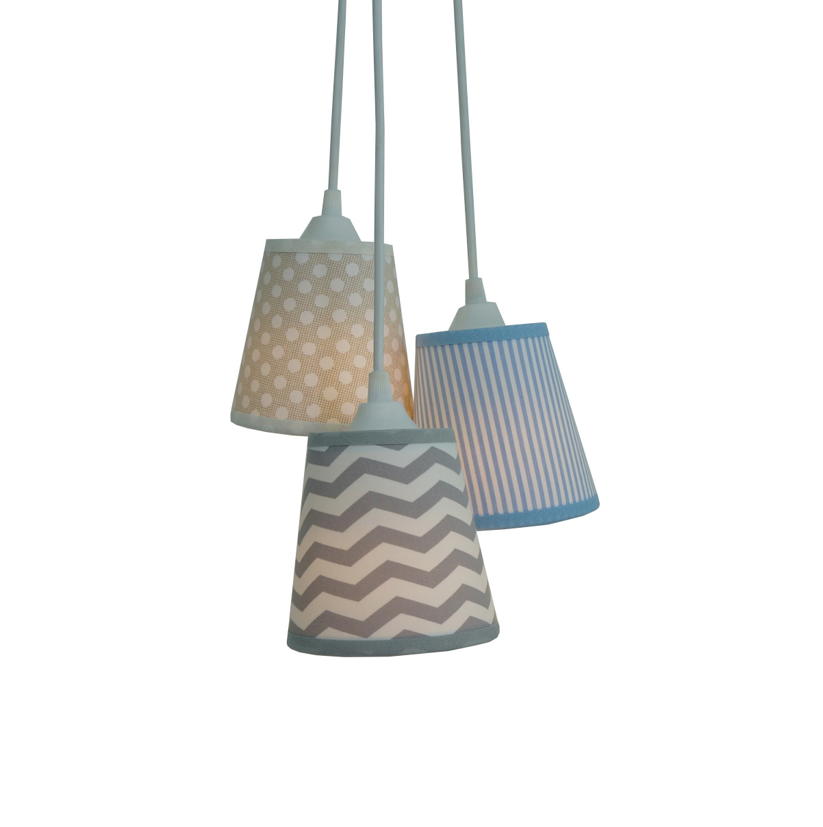 Lustre Pendente Bebê Chevron, Poás e Listras Cinza, Azul e Bege