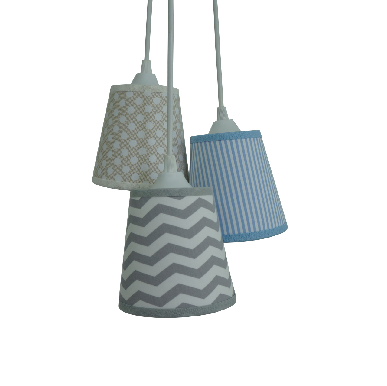 Lustre Pendente Bebê Chevron, Poás e Listras Cinza, Azul e Bege