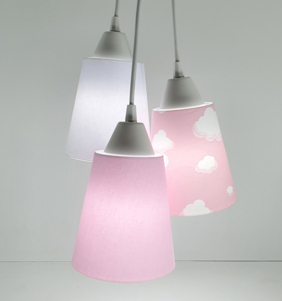 Lustre Pendente Bebê Mix Tecidos Nuvens Tons de Rosa e Branco