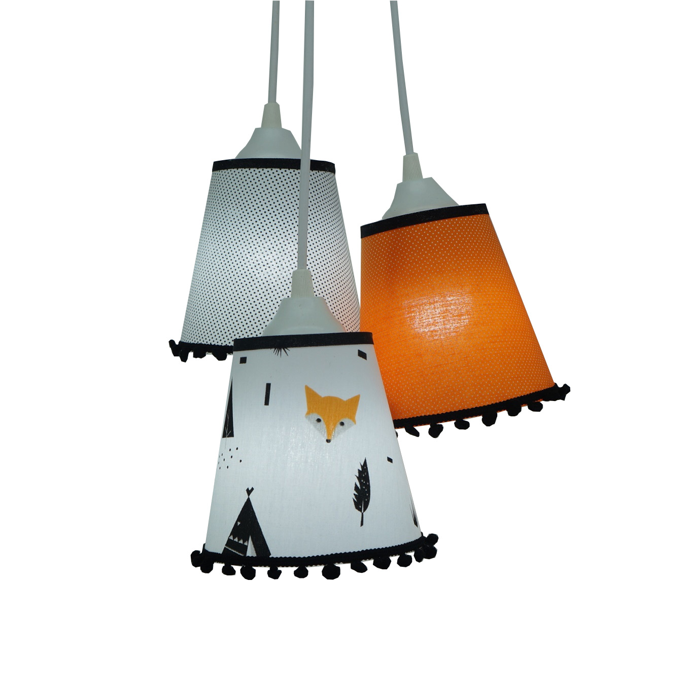 Lustre Pendente Bebê Raposinha Tecidos Branco, Laranja e Preto com Pompons