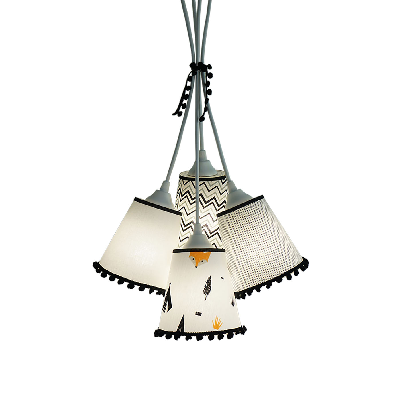 Lustre Pendente Bebê Raposinha com Pompom Preto e Branco
