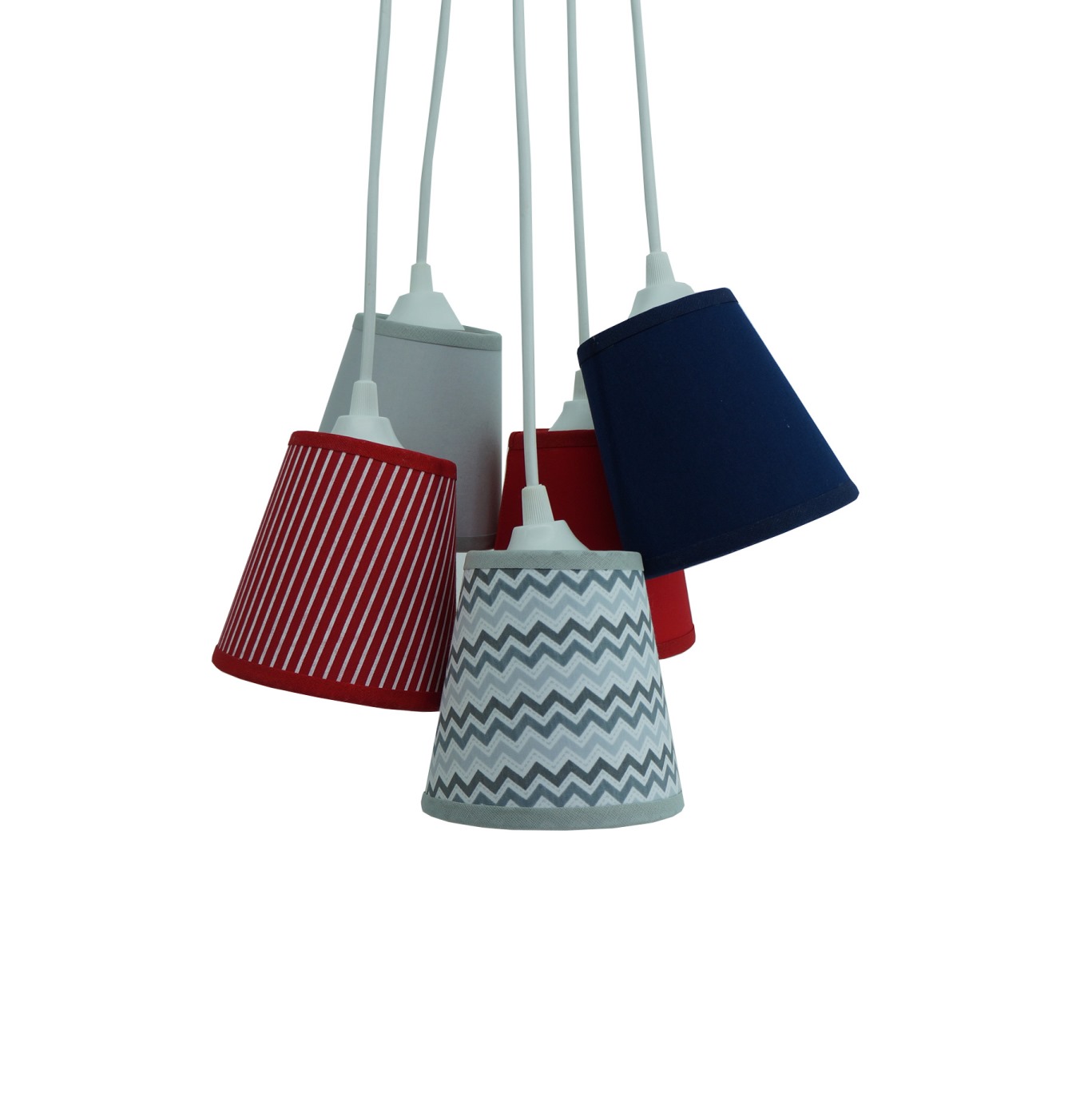 Lustre Pendente Cacho 5 Cúpulas Cinza, Vermelho e Azul Marinho