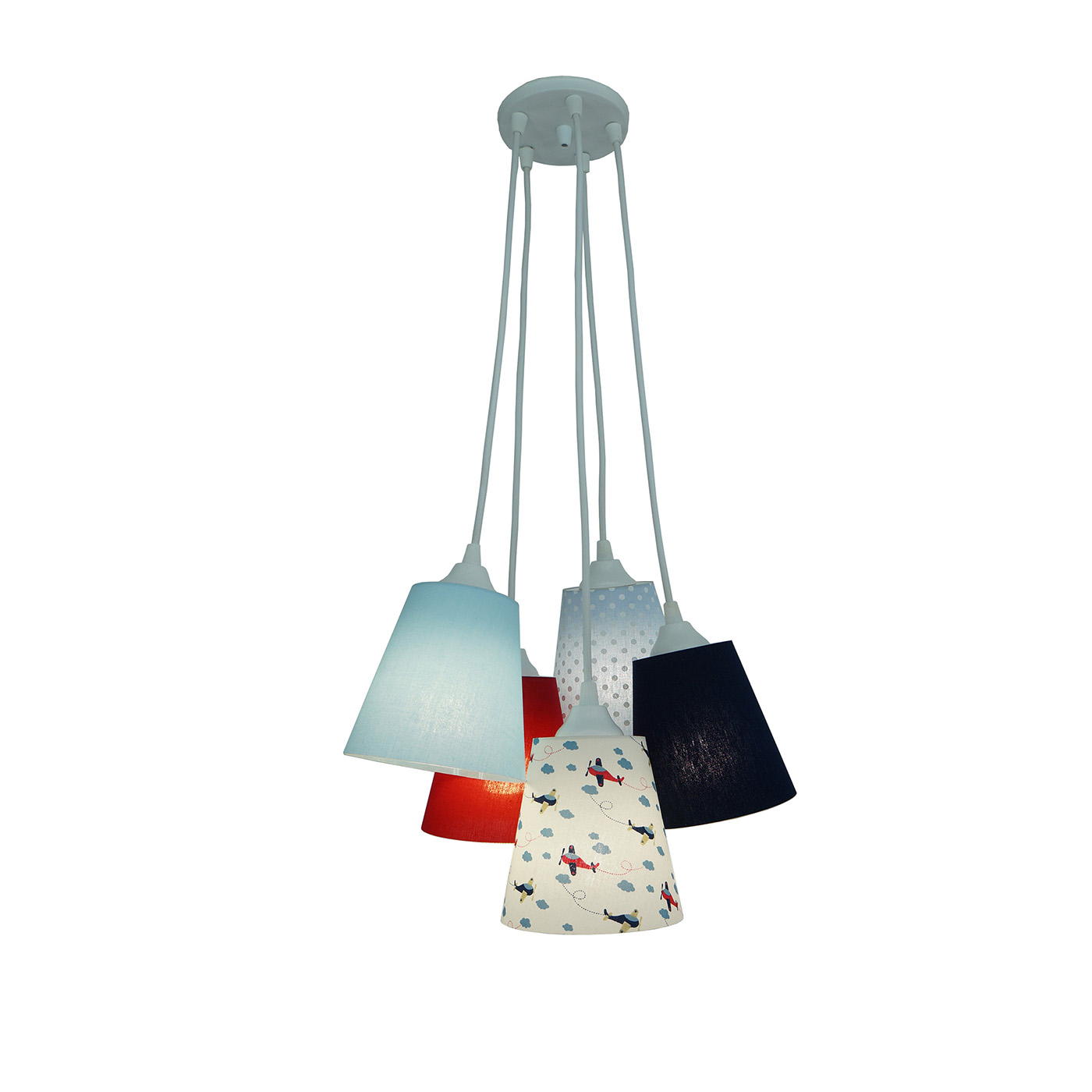 Lustre Pendente Cacho Menino Avião Tons de Azul e Vermelho