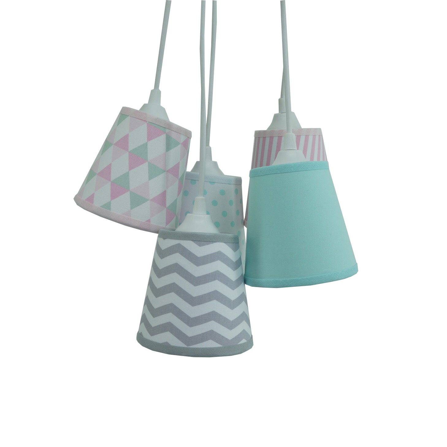 Lustre Pendente Cacho Mix Rosa, Cinza e Verde Água