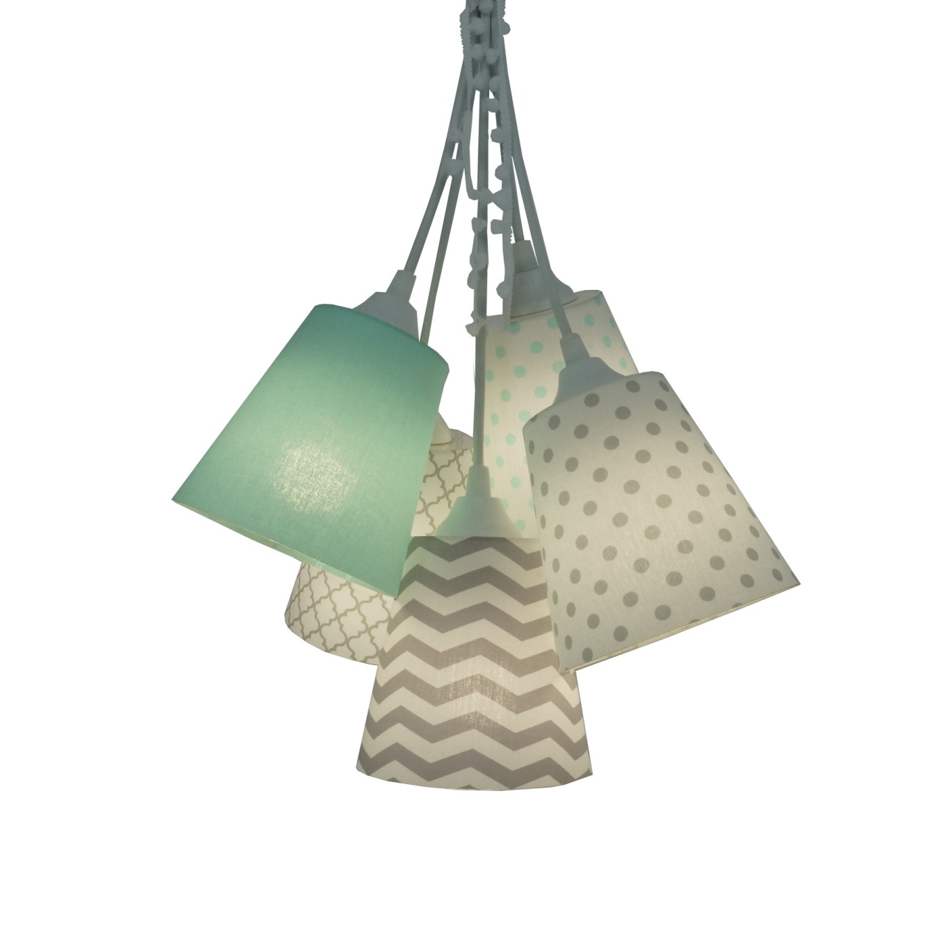 Lustre Pendente Cacho Quarto Bebê Cinza, Branco e Verde Água