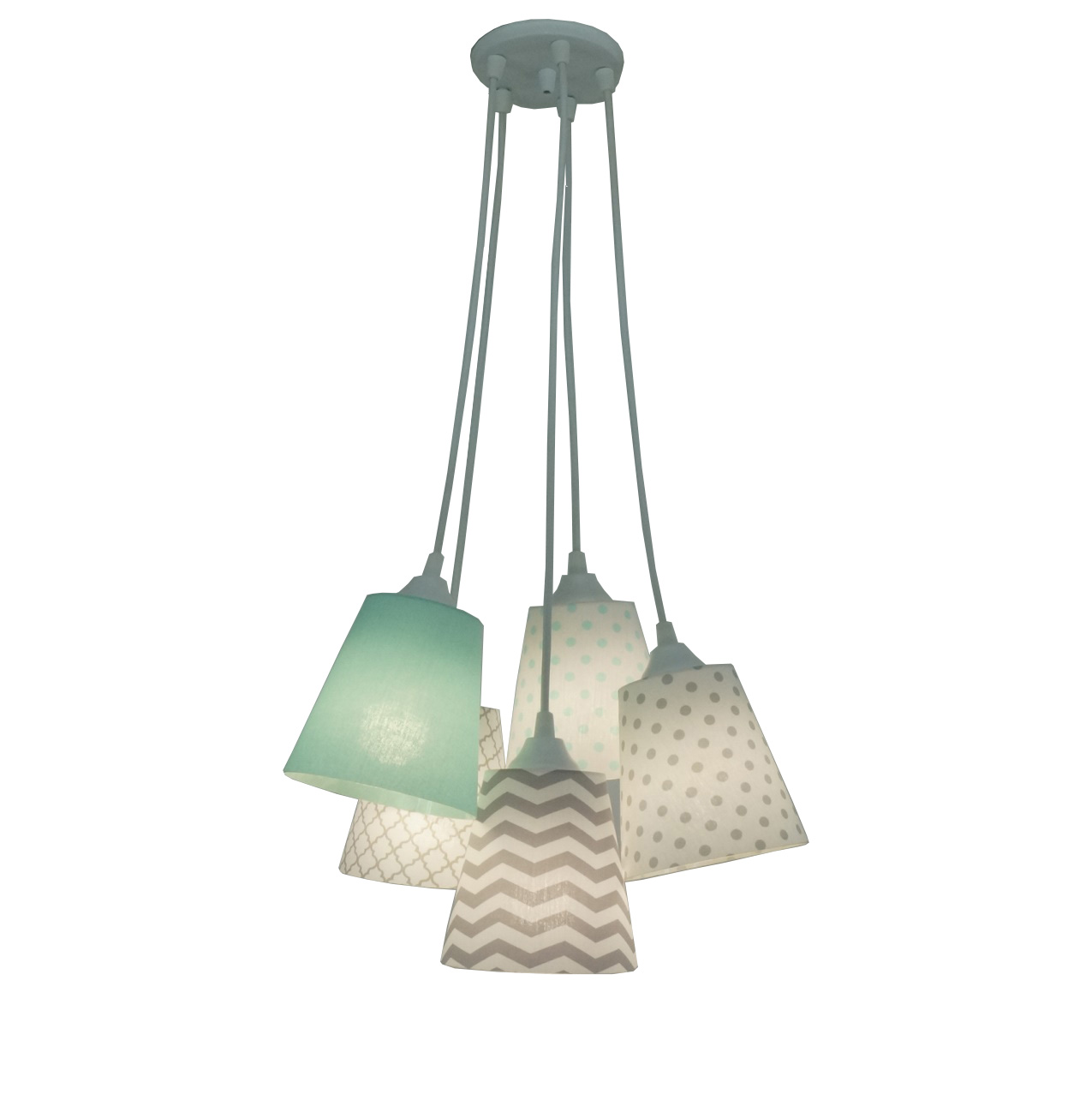 Lustre Pendente Cacho Quarto Bebê Cinza, Branco e Verde Água